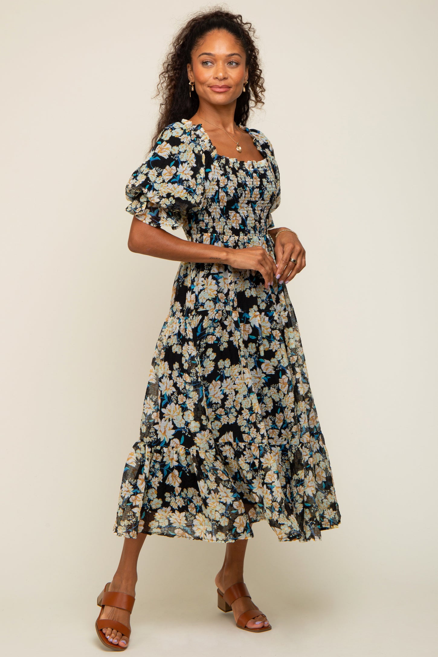 Black Floral Puff Sleeve Midi Dress