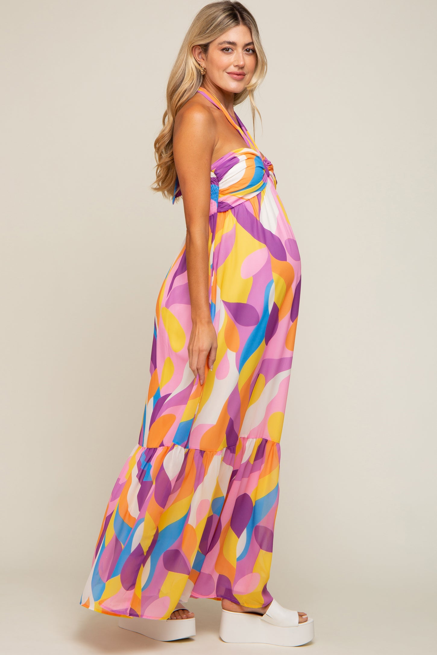 Yellow Printed Halter Maternity Maxi Dress