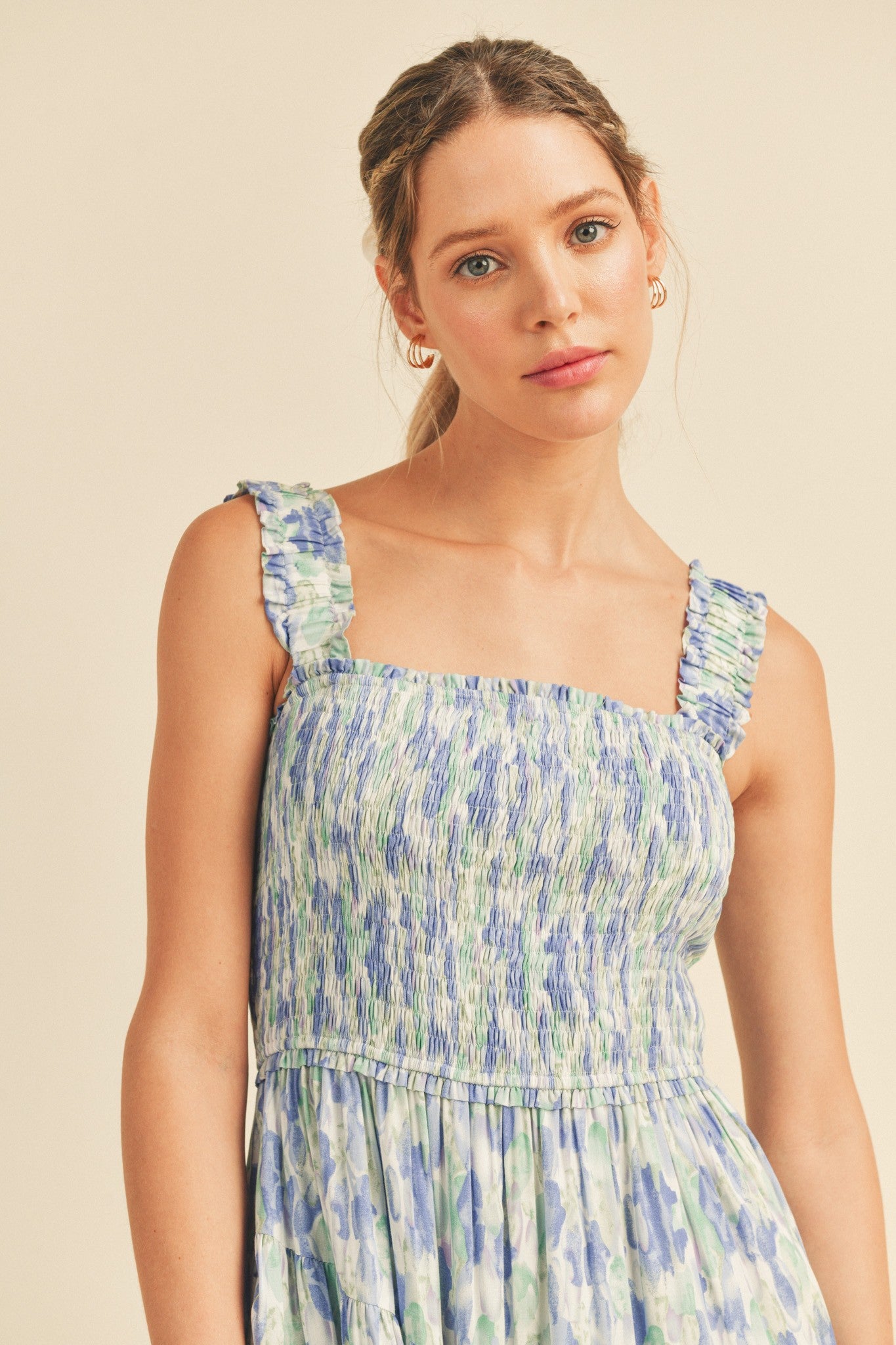 Blue Smocked Midi Dress