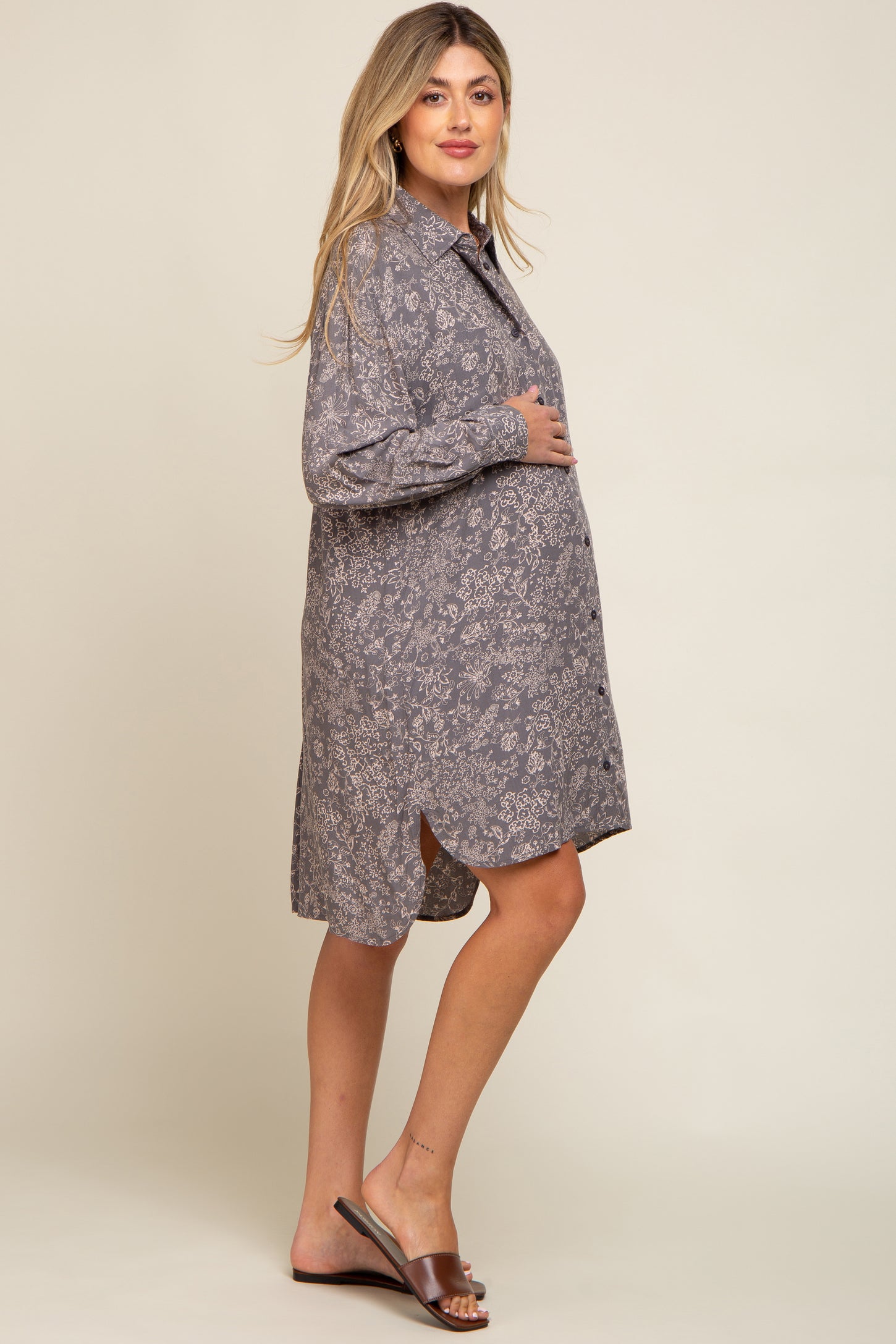 Grey Floral Button Up Long Sleeve Maternity Dress