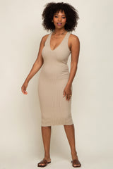 Beige Ribbed Knit Fitted V-Neck Maternity Midi Dress