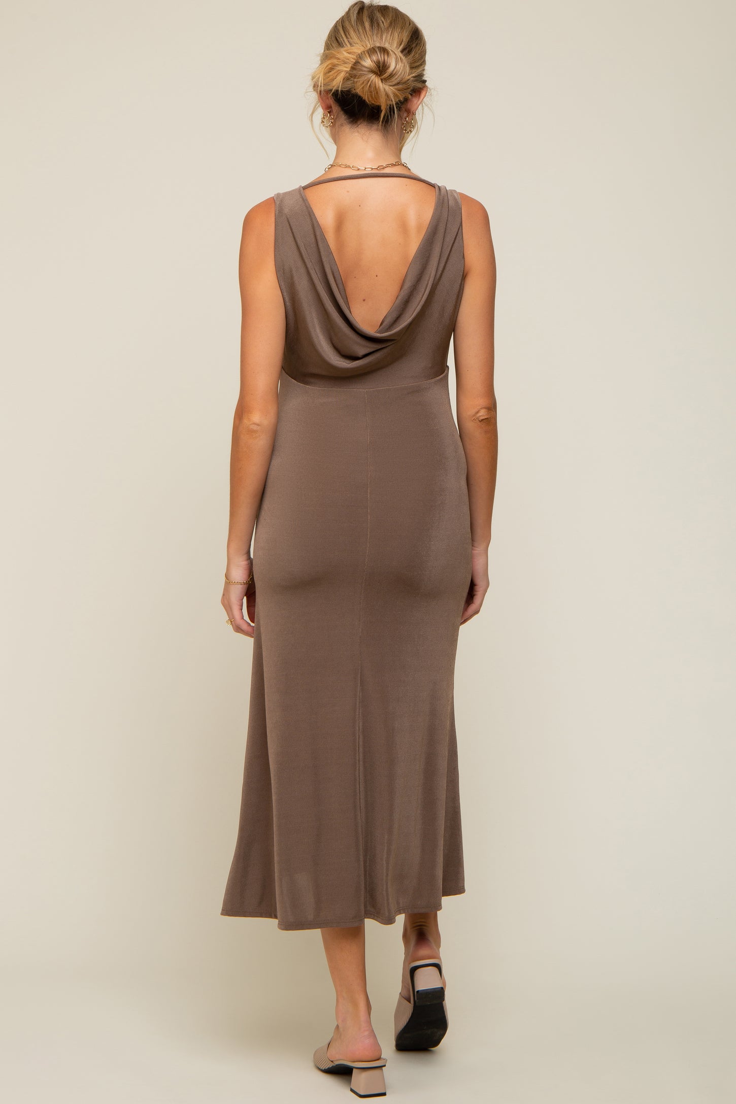 Mocha A-Line Draped Back Maternity Midi Dress