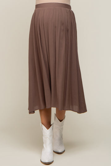 Brown Pleated Maternity Midi Skirt