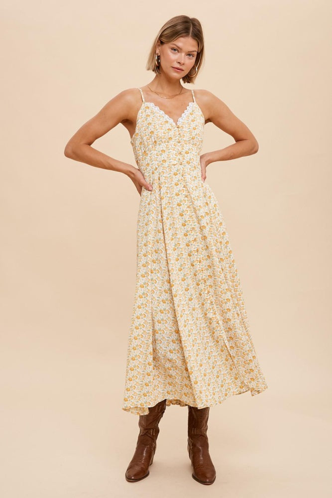 Yellow Multi Button Front Cami Midi Dress