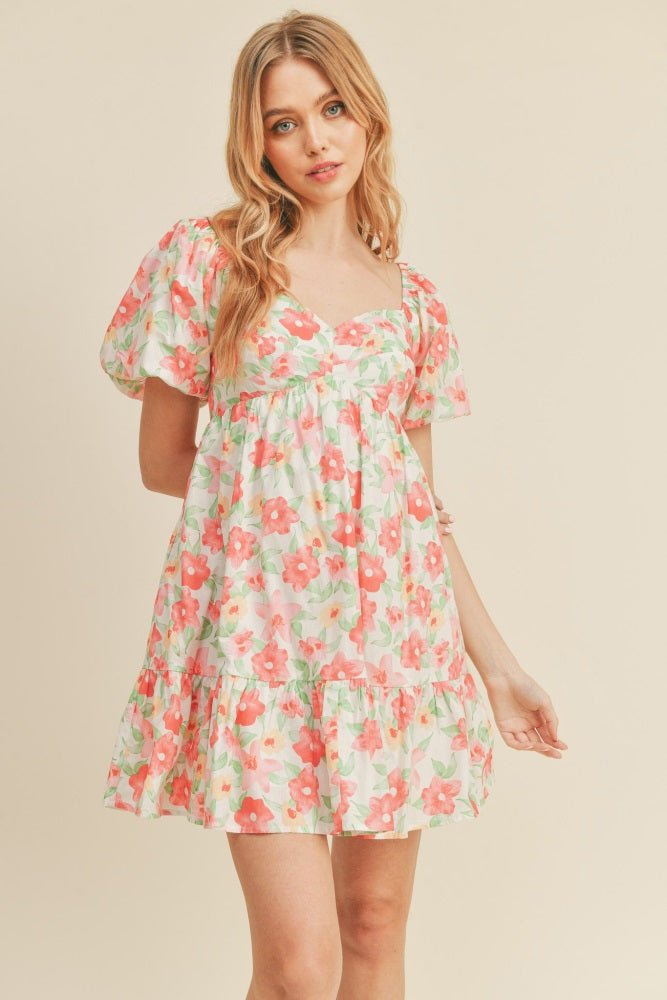 White Coral Floral Floral Puff Sleeve Babydoll Mini Dress