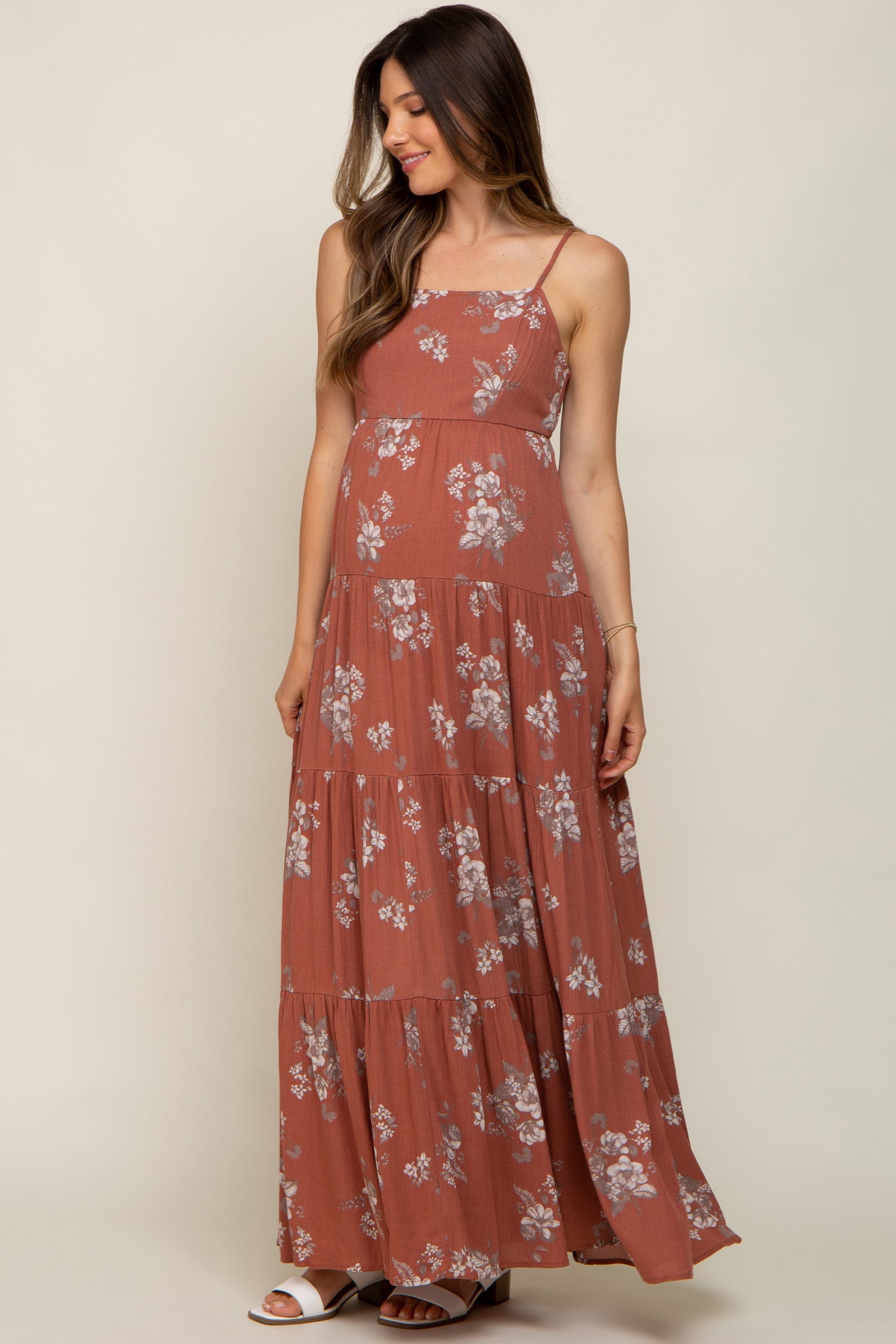 Rust Floral Square Neck Tierde Maternity Maxi Dress
