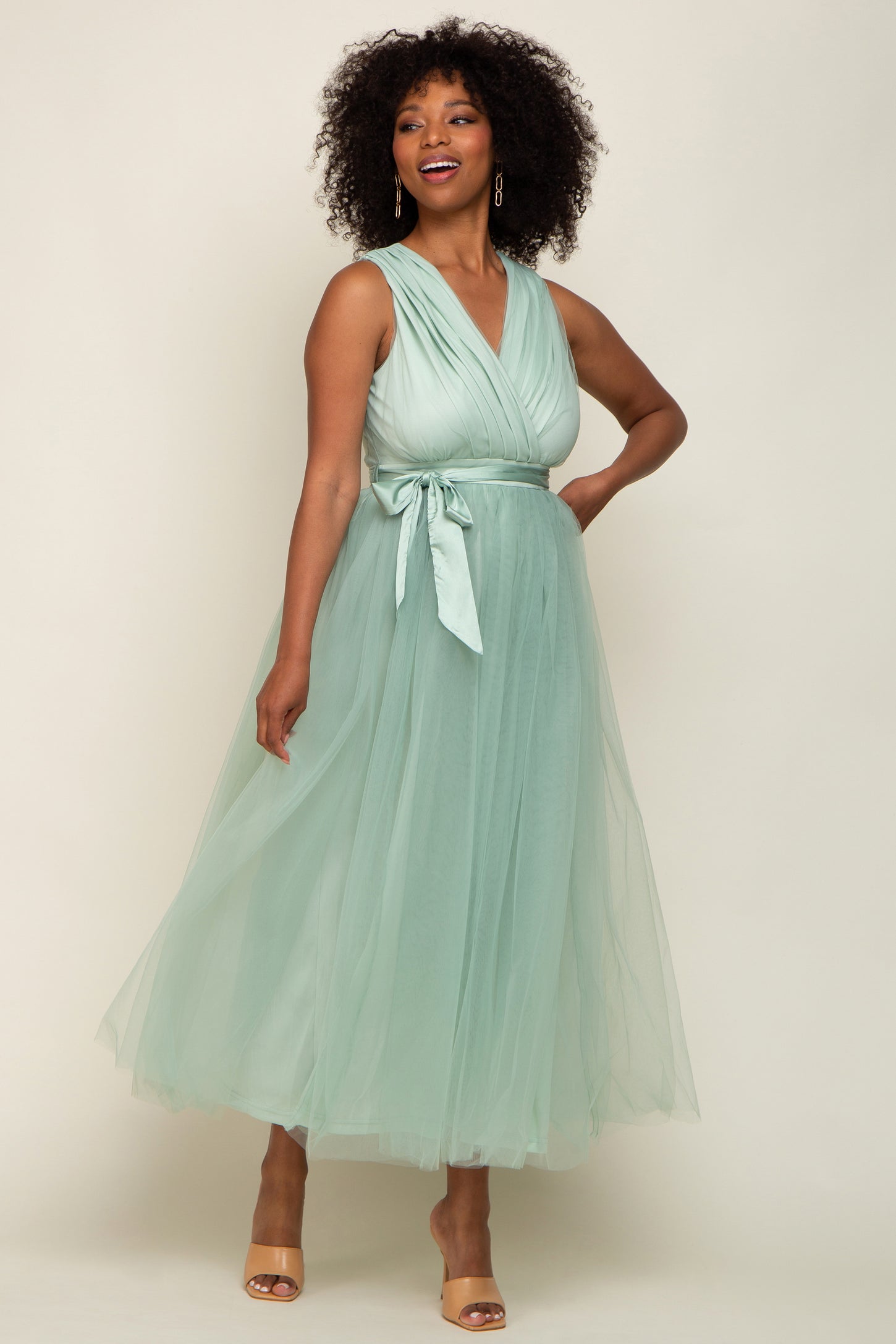 Mint Green Wrap V-Neck Waist Tie Tulle Midi Dress Mint Green Wrap V-Neck Waist Tie Tulle Midi Dress