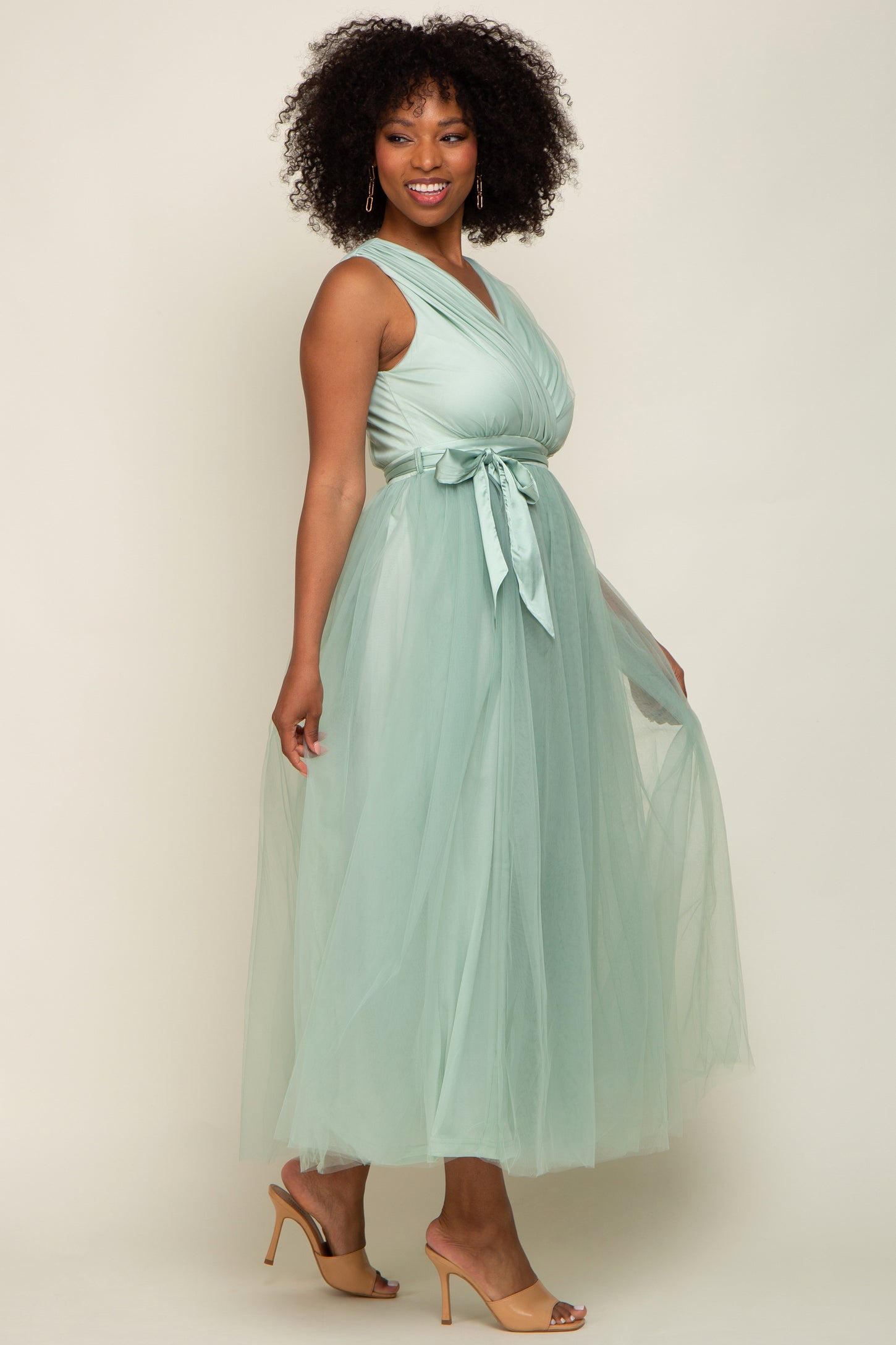 Mint Green Wrap V-Neck Waist Tie Tulle Midi Dress Mint Green Wrap V-Neck Waist Tie Tulle Midi Dress