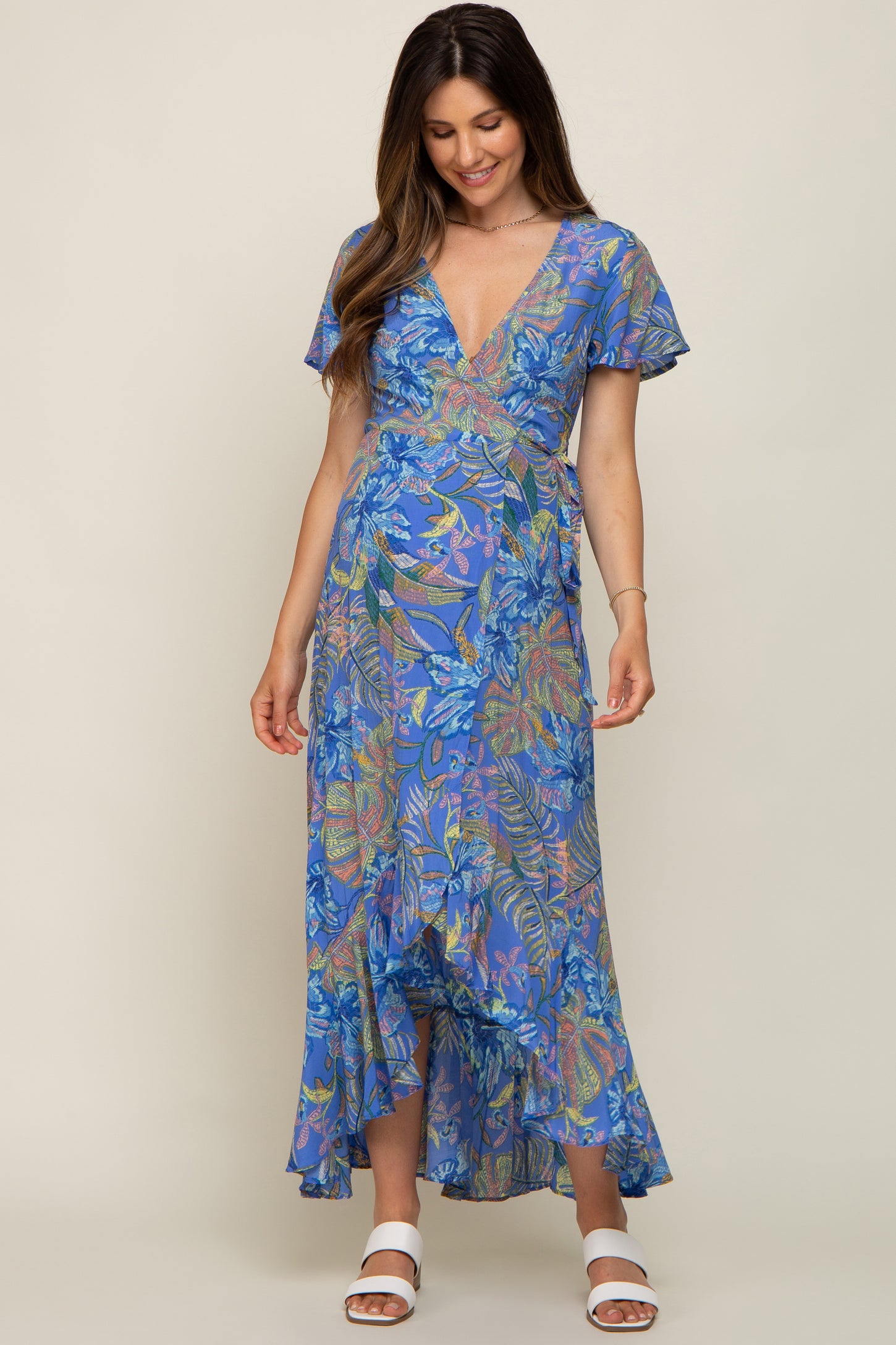 Blue Leaf Print Wrap Maternity Maxi Dress