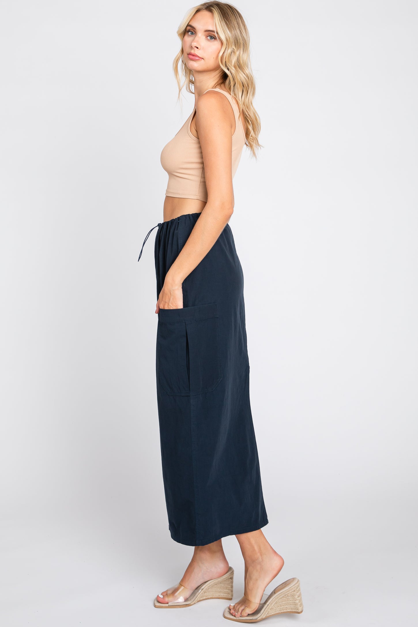 Navy Blue Drawstring Pocket Maxi Skirt