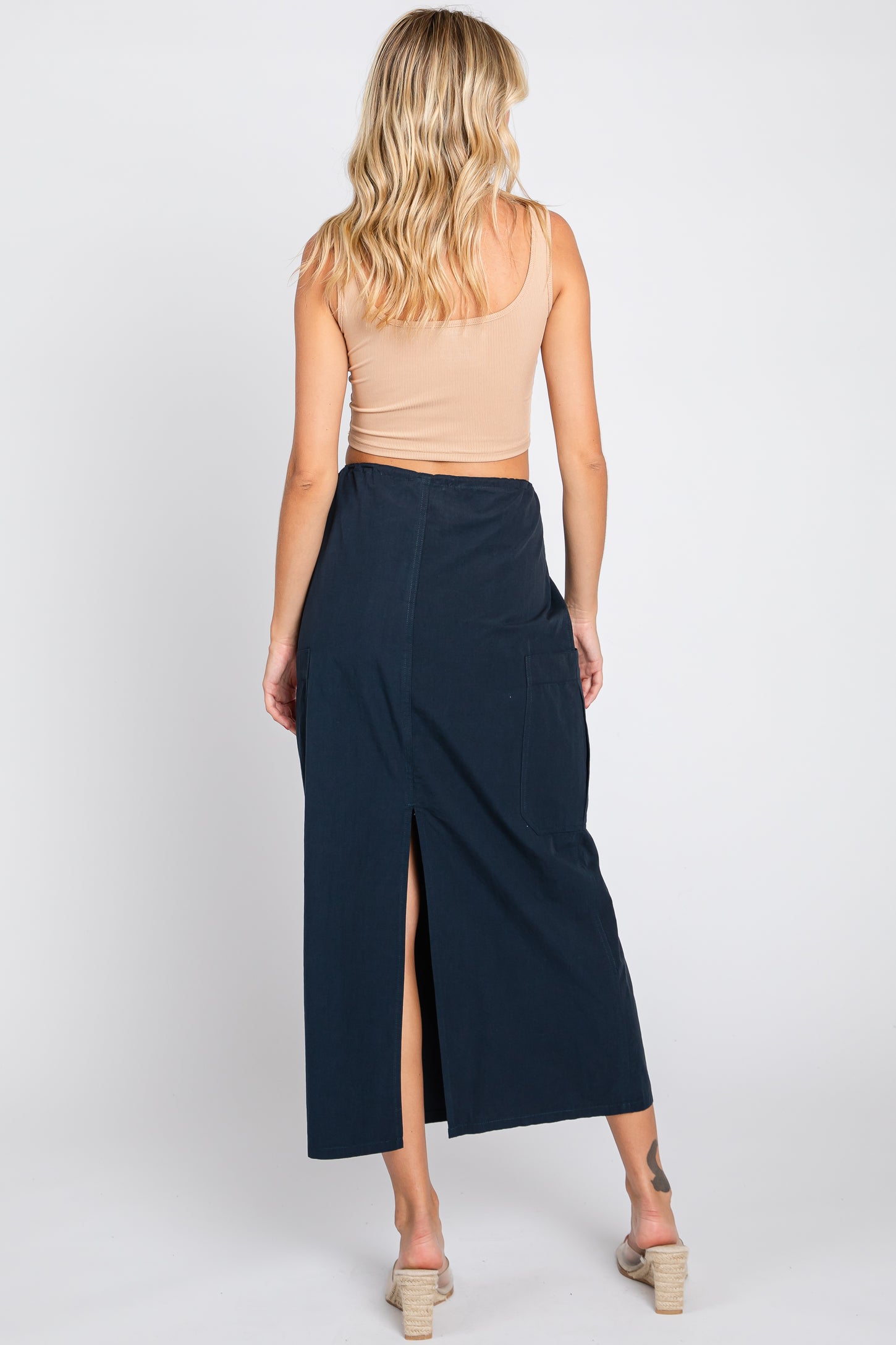 Navy Blue Drawstring Pocket Maxi Skirt