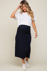 Navy Blue Drawstring Pocket Maternity Maxi Skirt