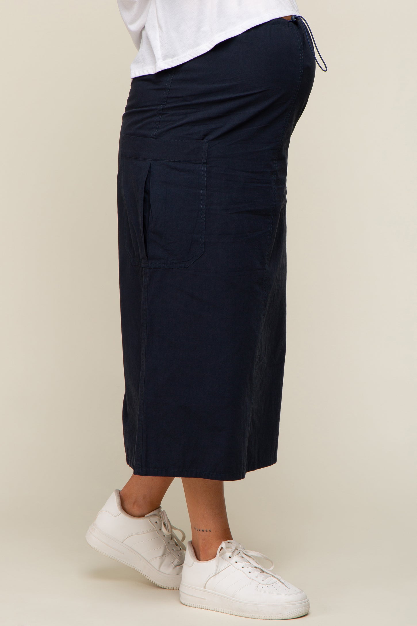 Navy Blue Drawstring Pocket Maternity Maxi Skirt