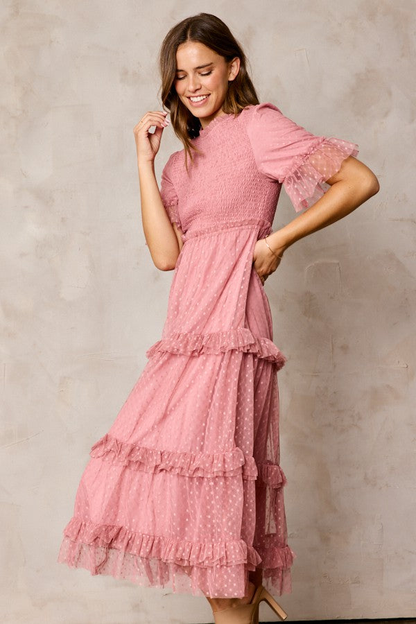 Pink Polka Dot Tulle Smocked Midi Dress