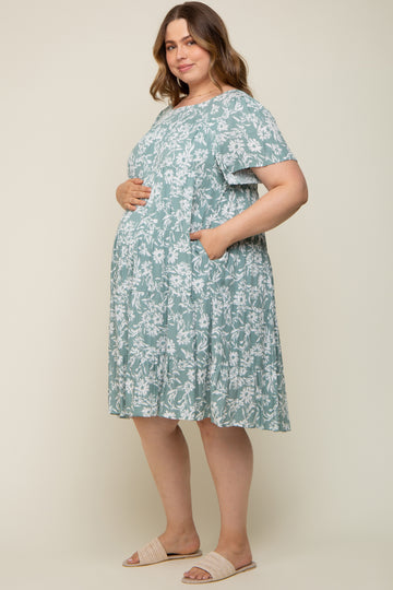 Mint Green Floral Tiered Short Sleeve Maternity Plus Midi Dress