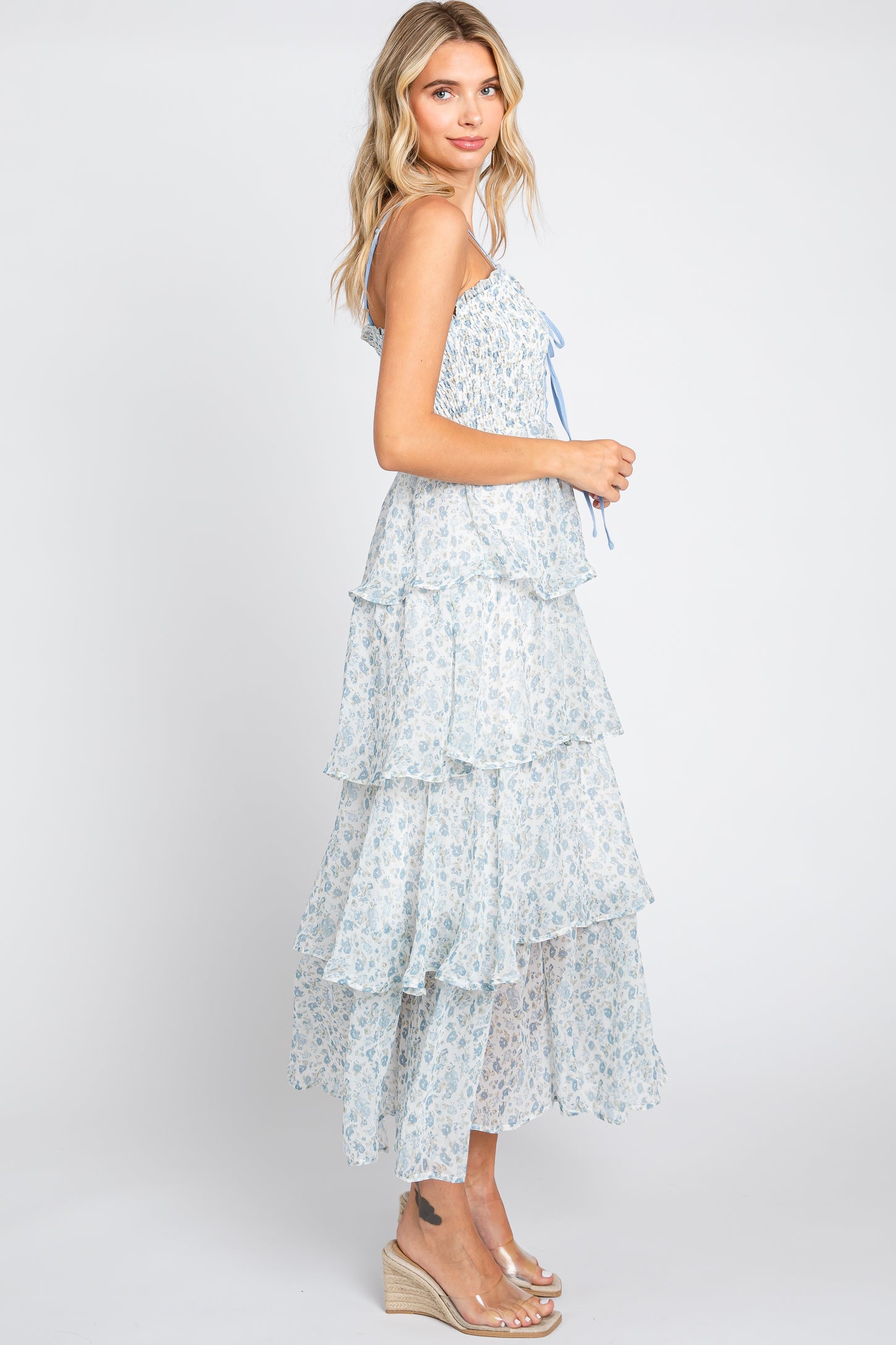 Light Blue Floral Sleeveless Tiered Maxi Dress