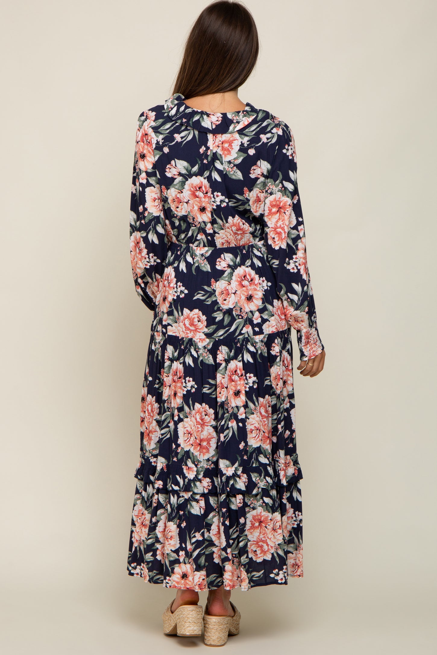 Navy Floral Smocked Ruffle Neck Maternity Maxi Dress