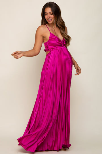Magenta Satin Pleated Cutout Maternity Gown