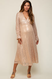 Gold Sequin Long Sleeve Wrap Maternity Maxi Dress