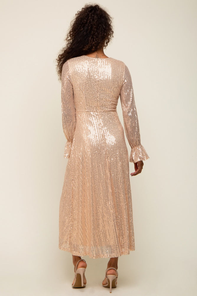 Gold Sequin Long Sleeve Wrap Maxi Dress
