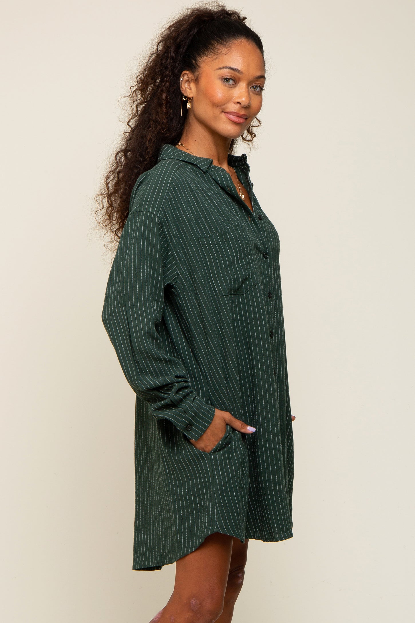 Forest Green Pinstriped Button-Down Linen Dress