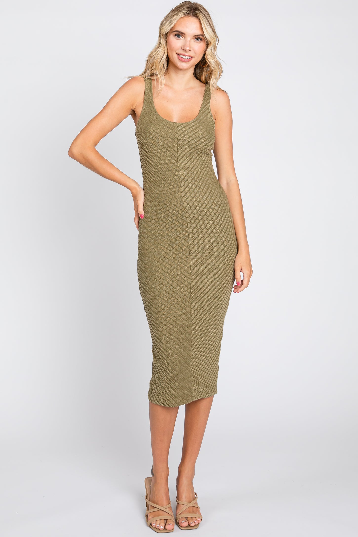 Olive Textured Knit Sleeveless Maternity Midi Dress
