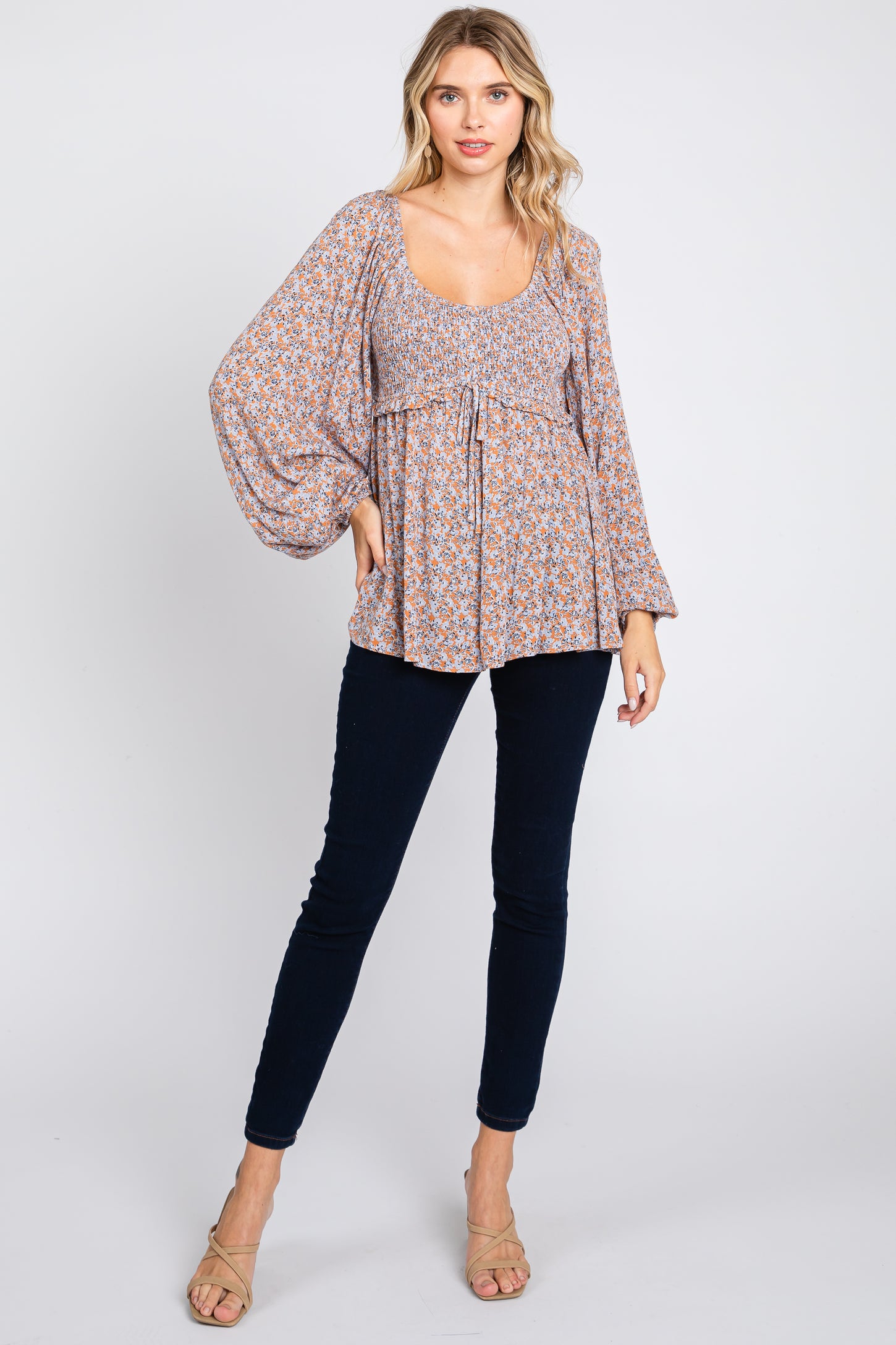 Rust Floral Smocked Front Tie Long Sleeve Top