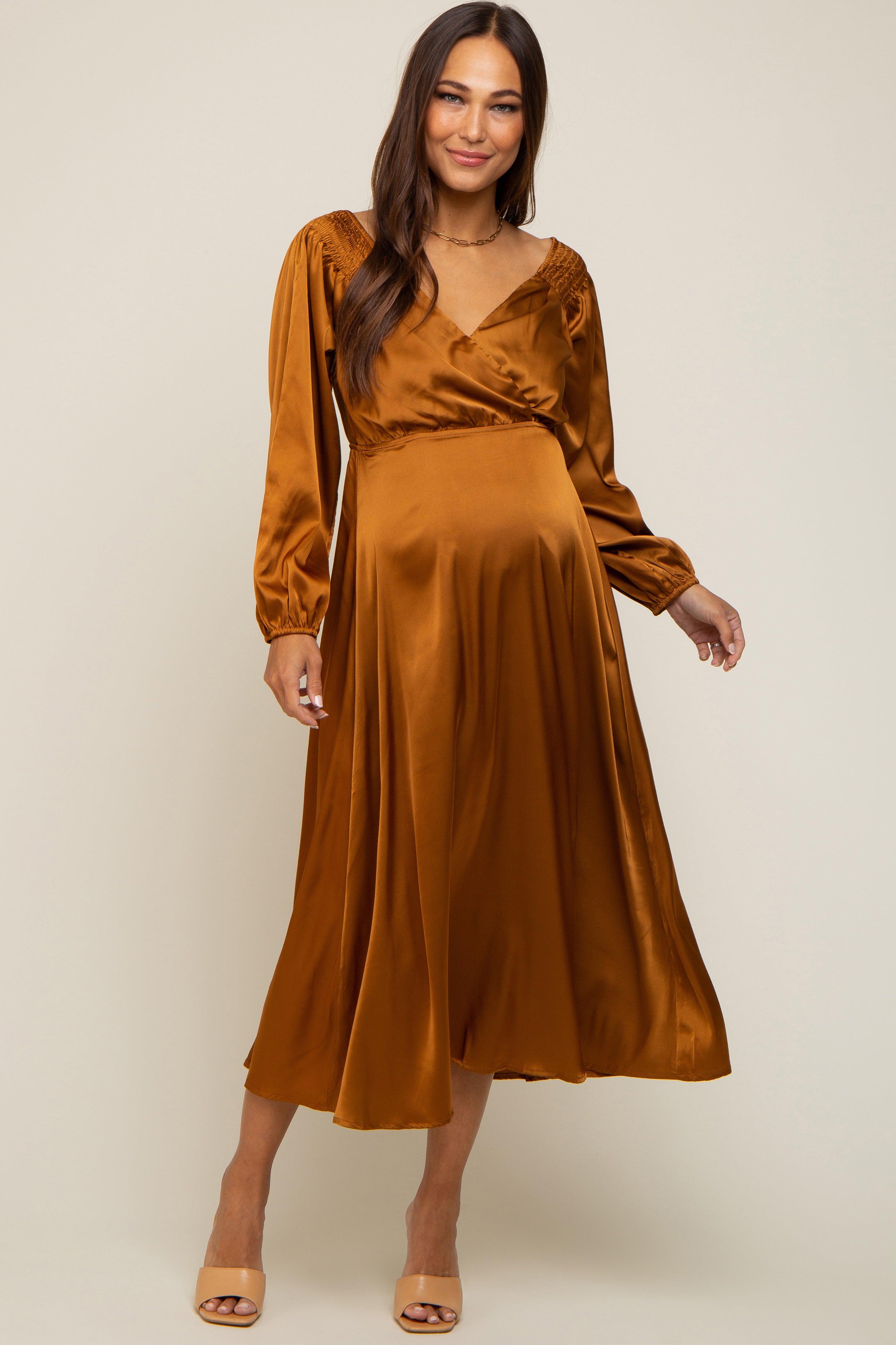 Mocha Satin Wrap Top Maternity Midi Dress – PinkBlush