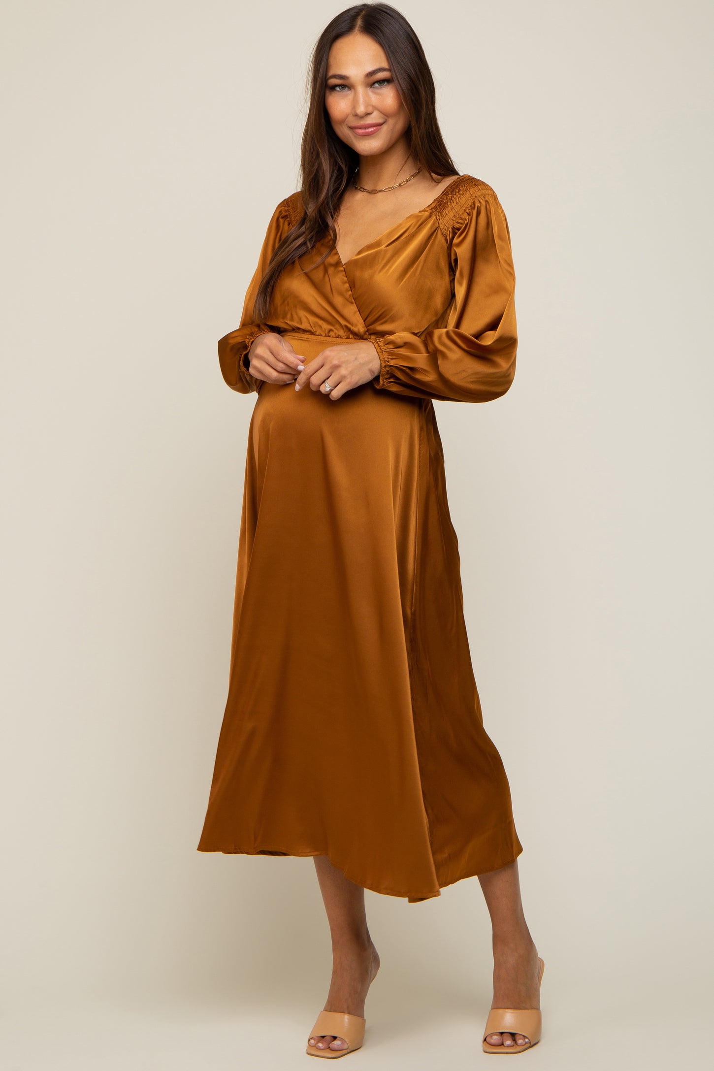 Mocha Satin Wrap Top Maternity Midi Dress