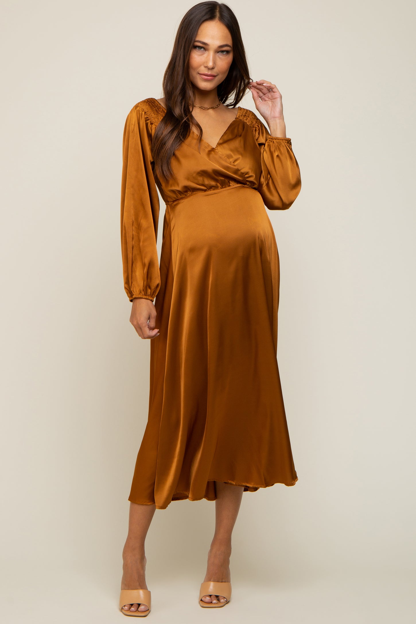 Mocha Satin Wrap Top Maternity Midi Dress