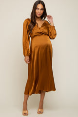 Mocha Satin Wrap Top Maternity Midi Dress