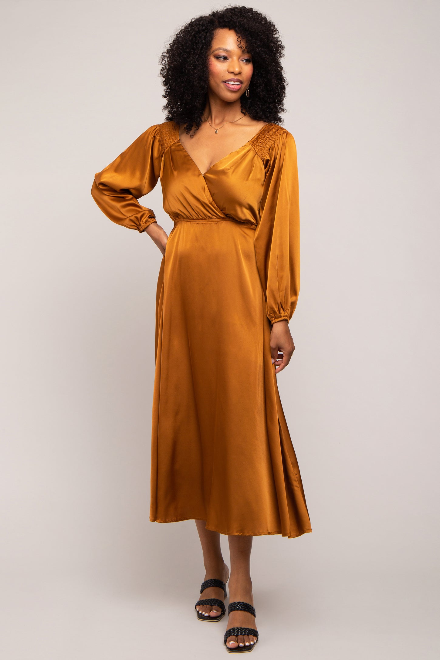 Mocha Satin Wrap Top Maternity Midi Dress