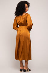 Mocha Satin Wrap Top Midi Dress