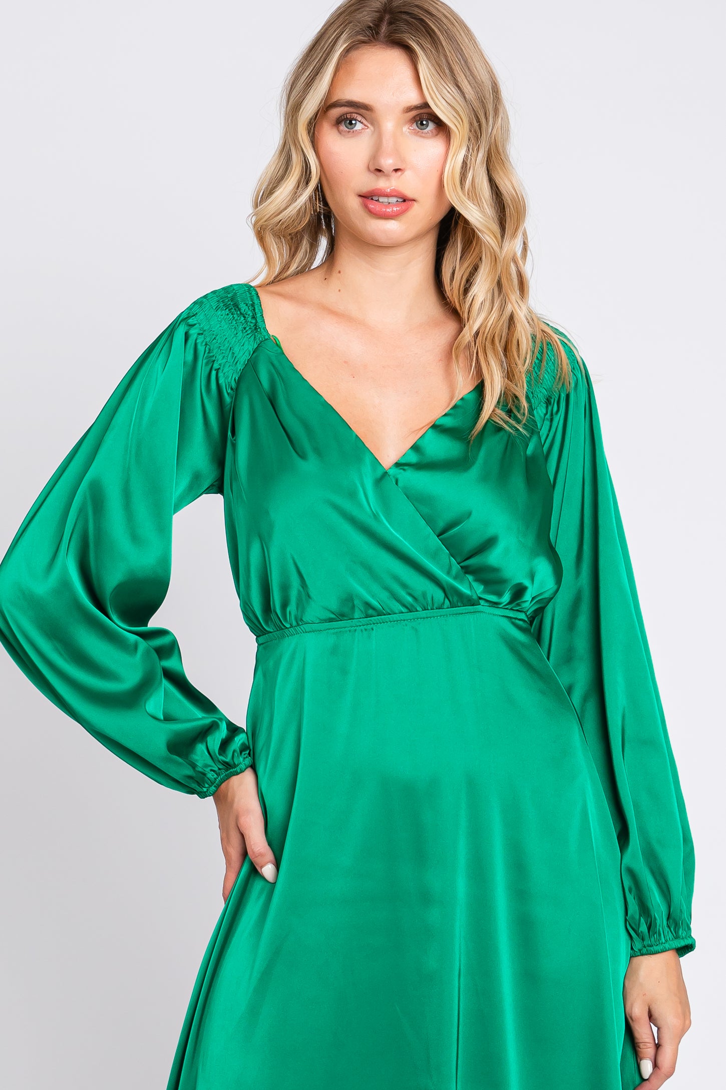 Green Satin Wrap Top Midi Dress