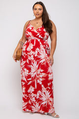 Red Floral Palm Print Wrap Maternity Plus Maxi Dress