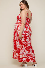 Red Floral Palm Print Wrap Maternity Plus Maxi Dress