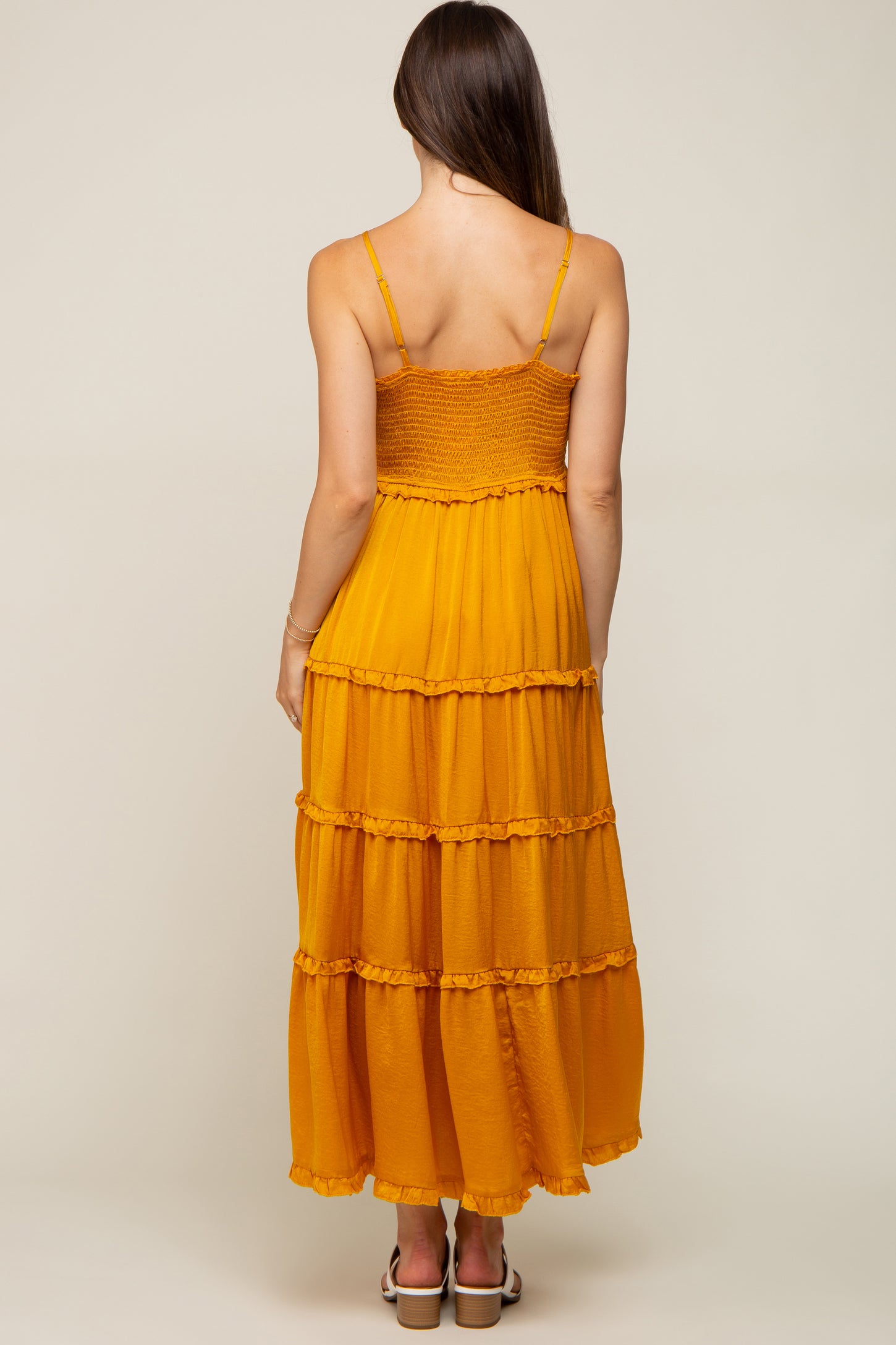 Yellow Gold Smocked Ruffle Tiered Maternity Maxi Dress