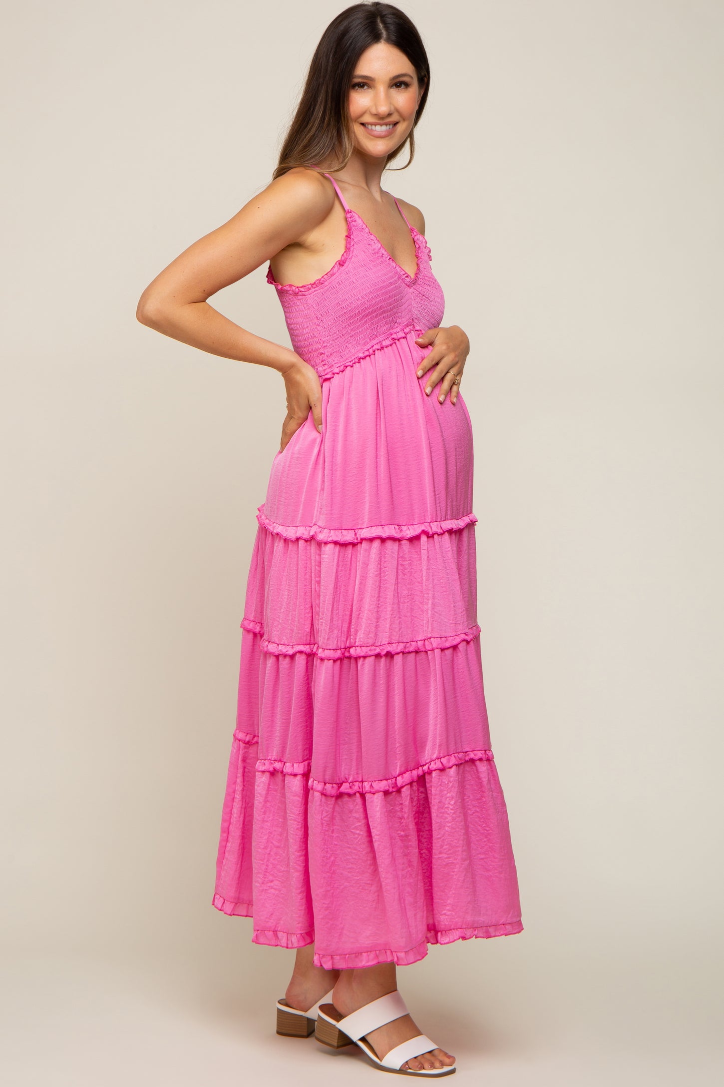 Pink Smocked Ruffle Tiered Maternity Maxi Dress
