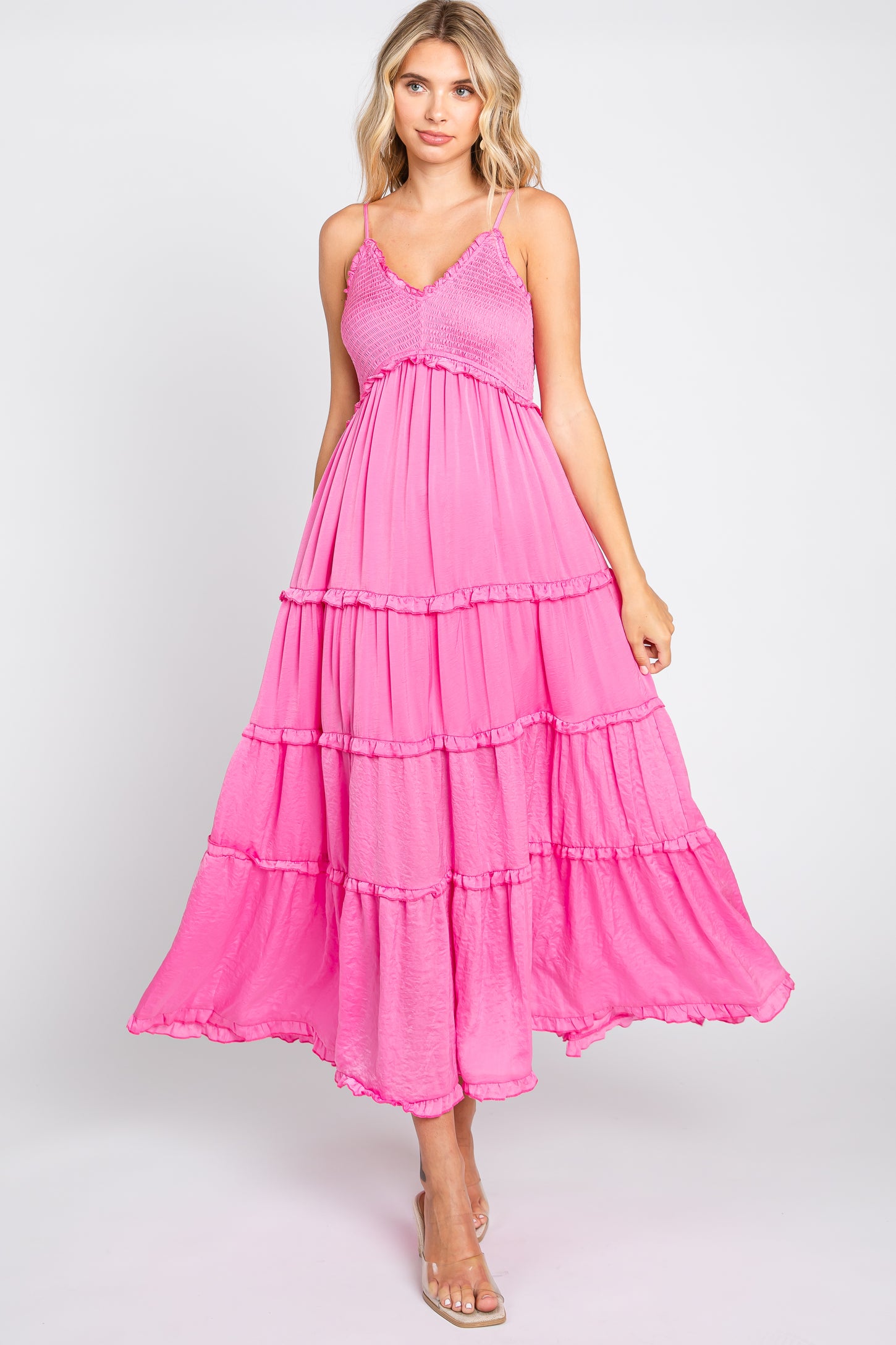 Pink Smocked Ruffle Tiered Maxi Dress
