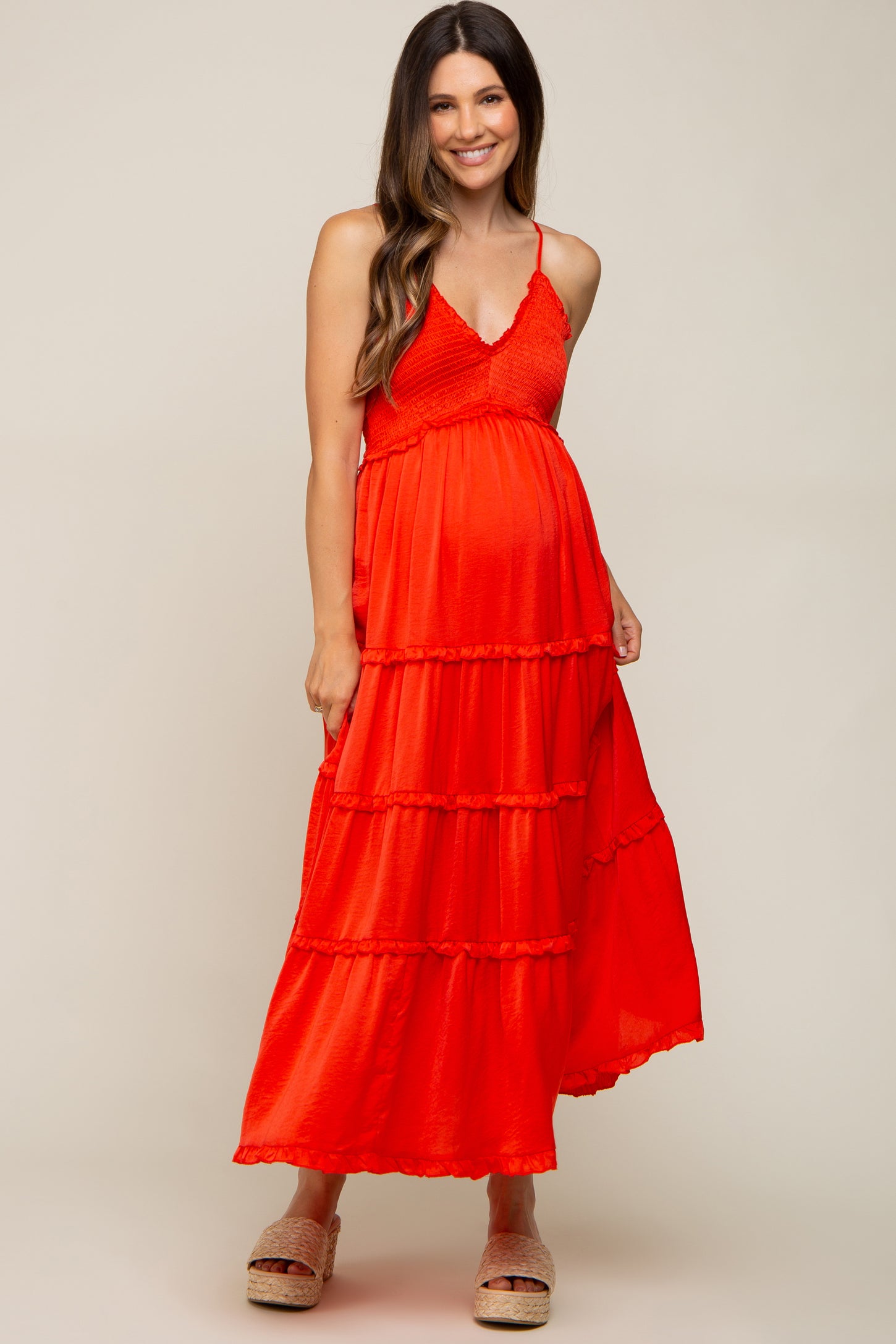 Red Orange Smocked Ruffle Tiered Maternity Maxi Dress