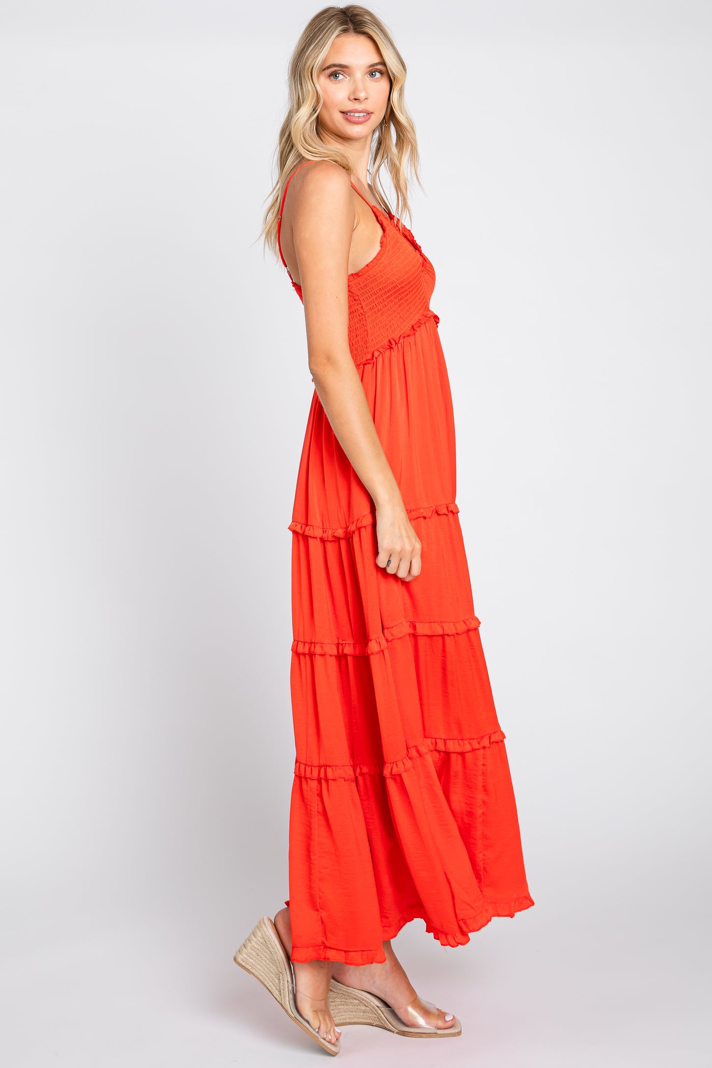 Red Orange Smocked Ruffle Tiered Maxi Dress