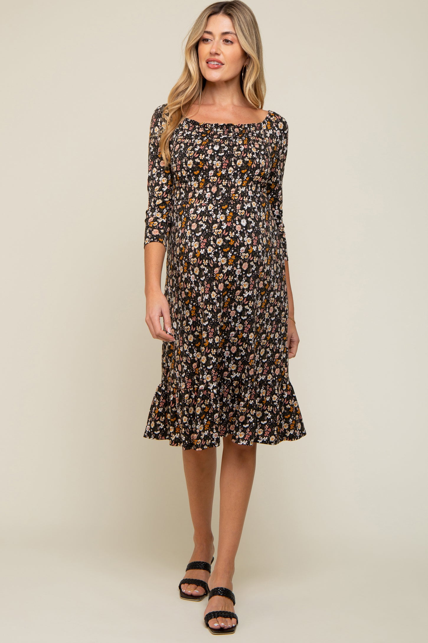 Black Floral Smocked 3/4 Sleeve Maternity Dress