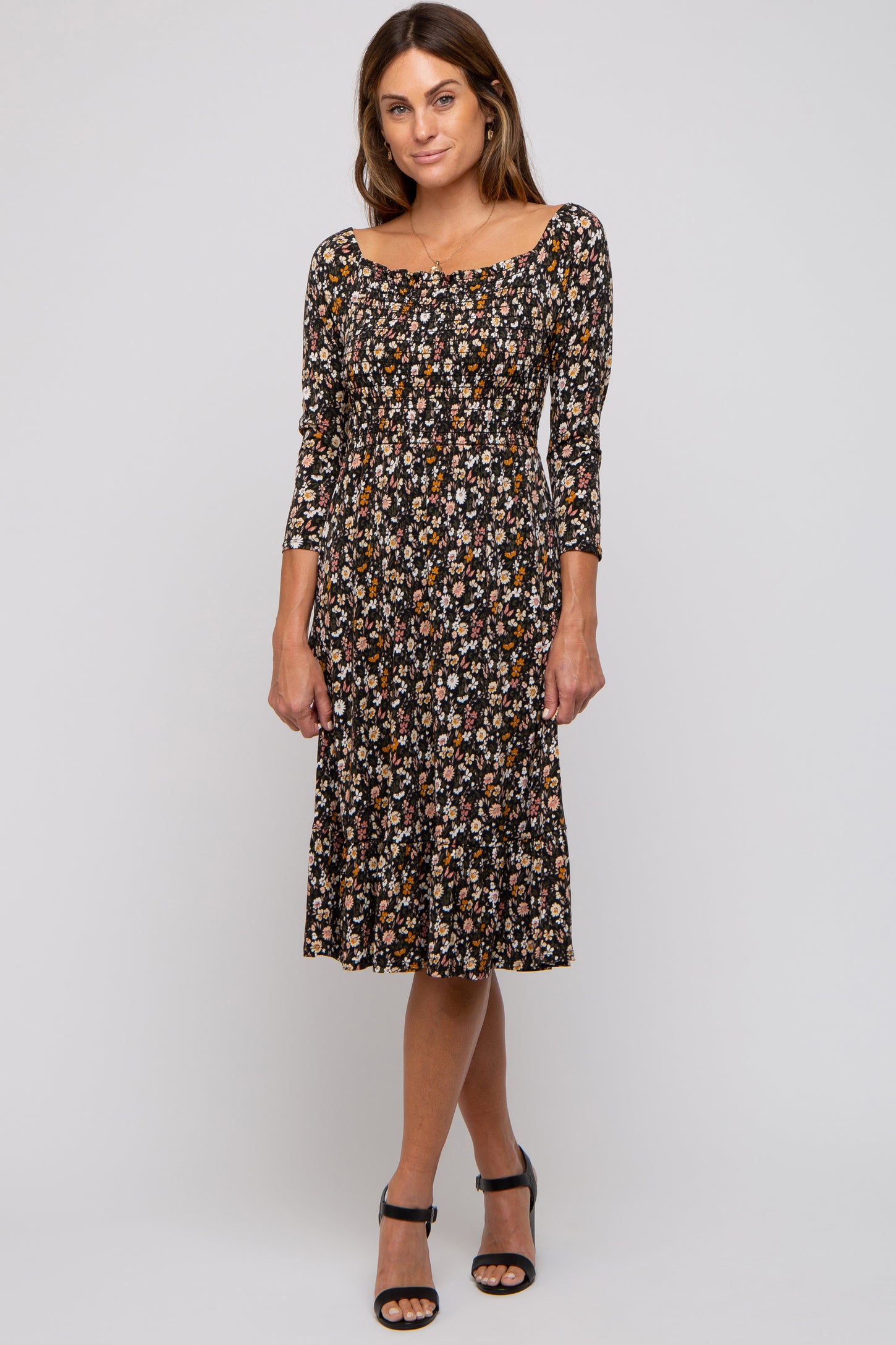 Black Floral Smocked 3/4 Sleeve Dress