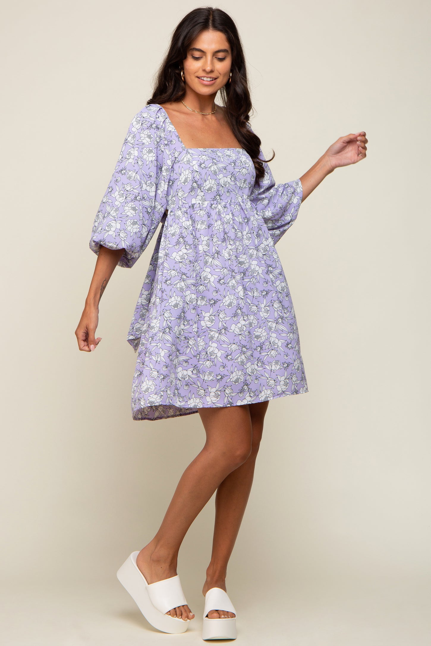 Lavender Floral Square Neck Back Cut Out Tie Dress
