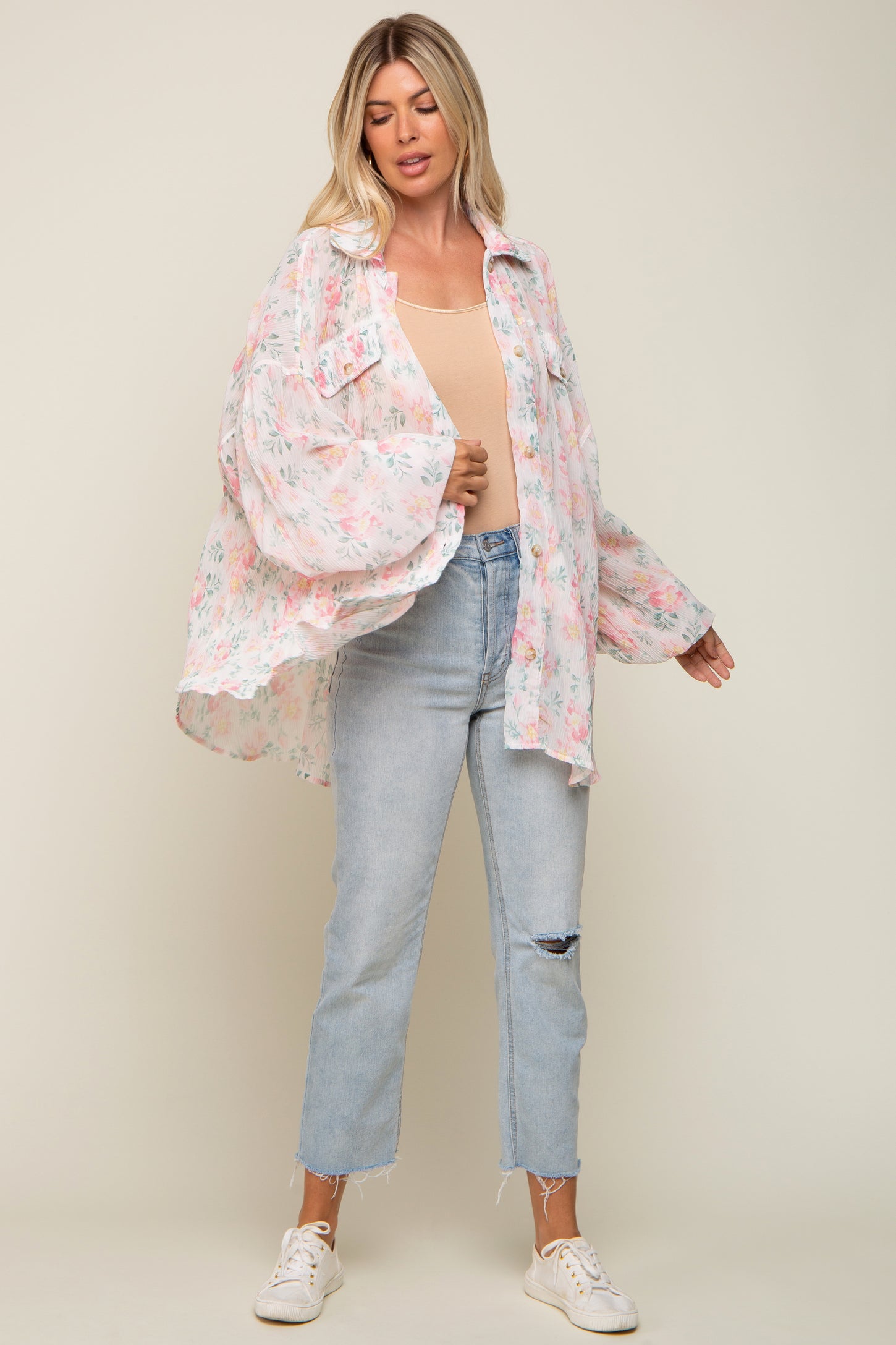 Pink Pleated Floral Oversized Blouse