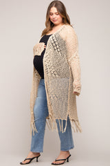 Beige Crochet Fringe Hem Maternity Plus Cardigan