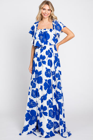 White Floral Off Shoulder Flounce Maxi Dress