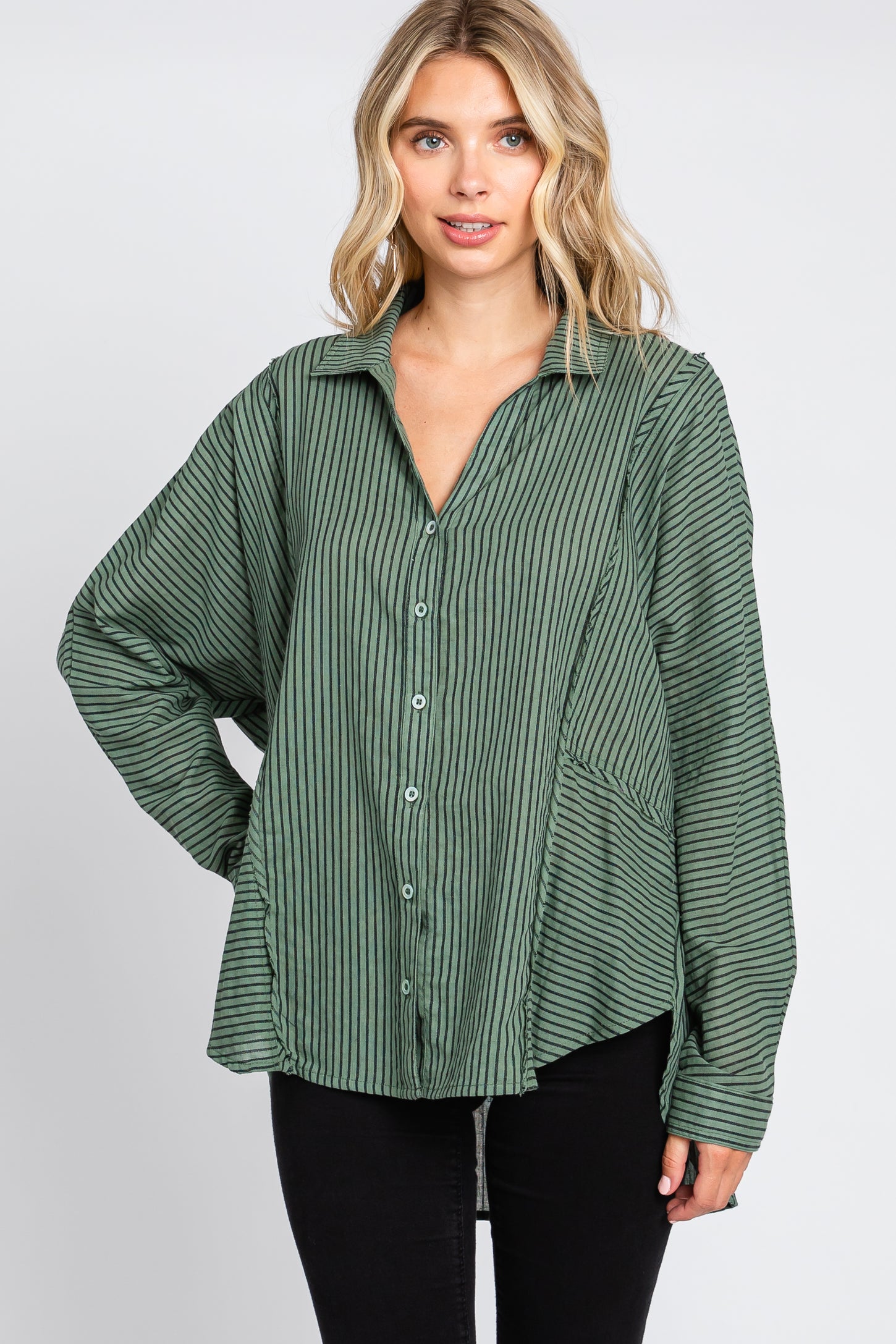 Olive Striped Button Front Collared Long Sleeve Maternity Top