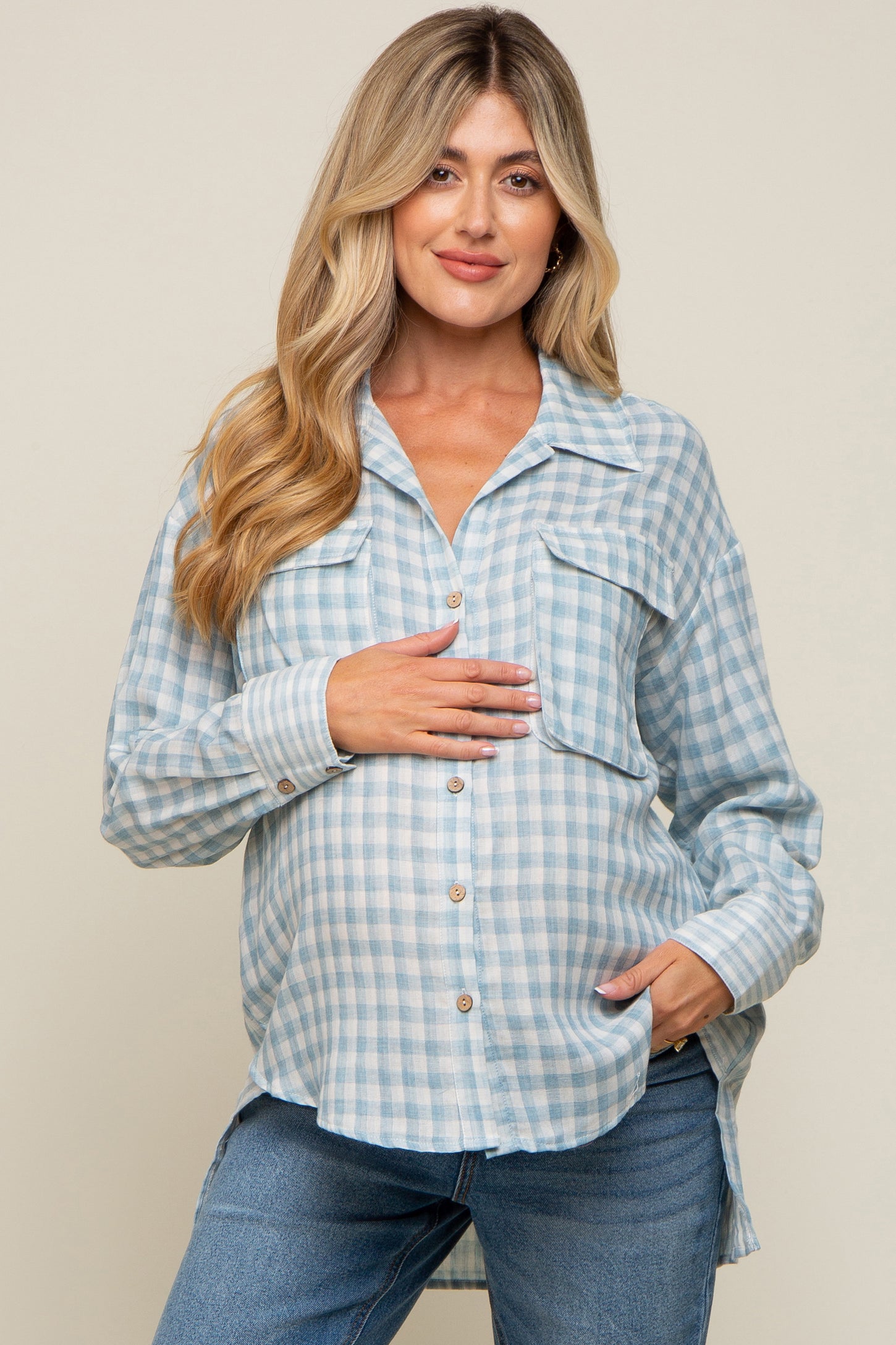 Light Blue Plaid Front Pocket Hi-Low Maternity Top