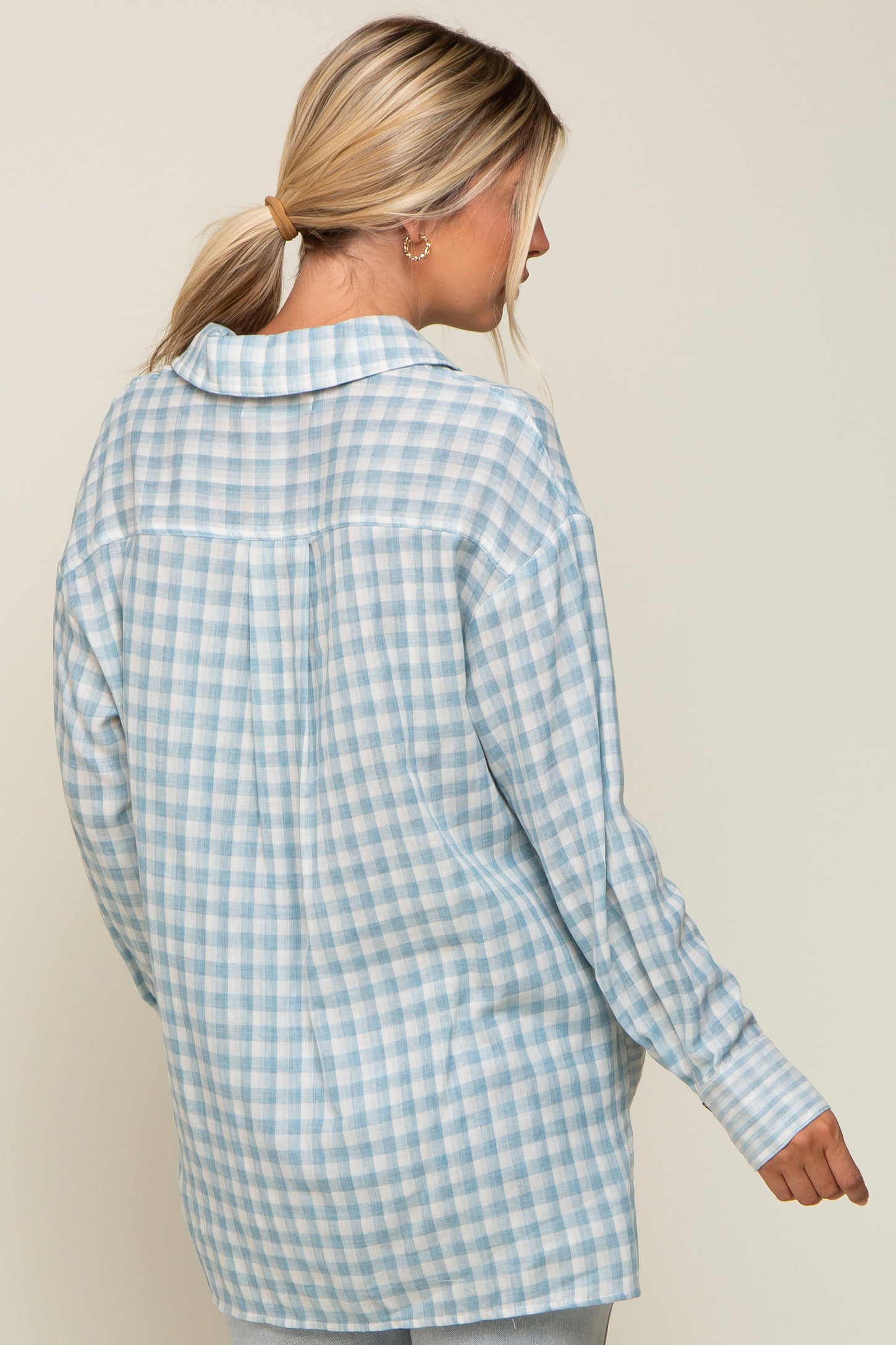 Light Blue Plaid Front Pocket Hi-Low Top